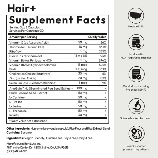 Hair+ supplement facts panel